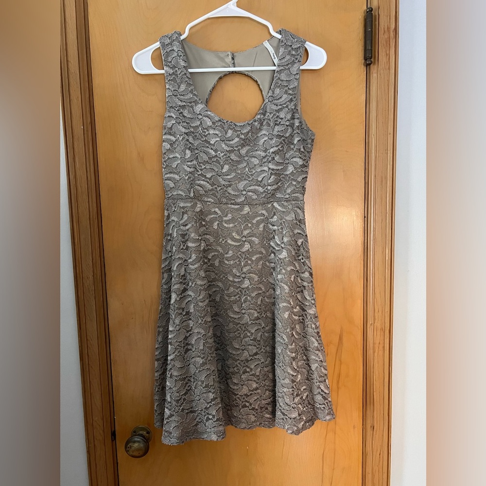 Gorgeous lacy taupe dress. Keyhole/open back